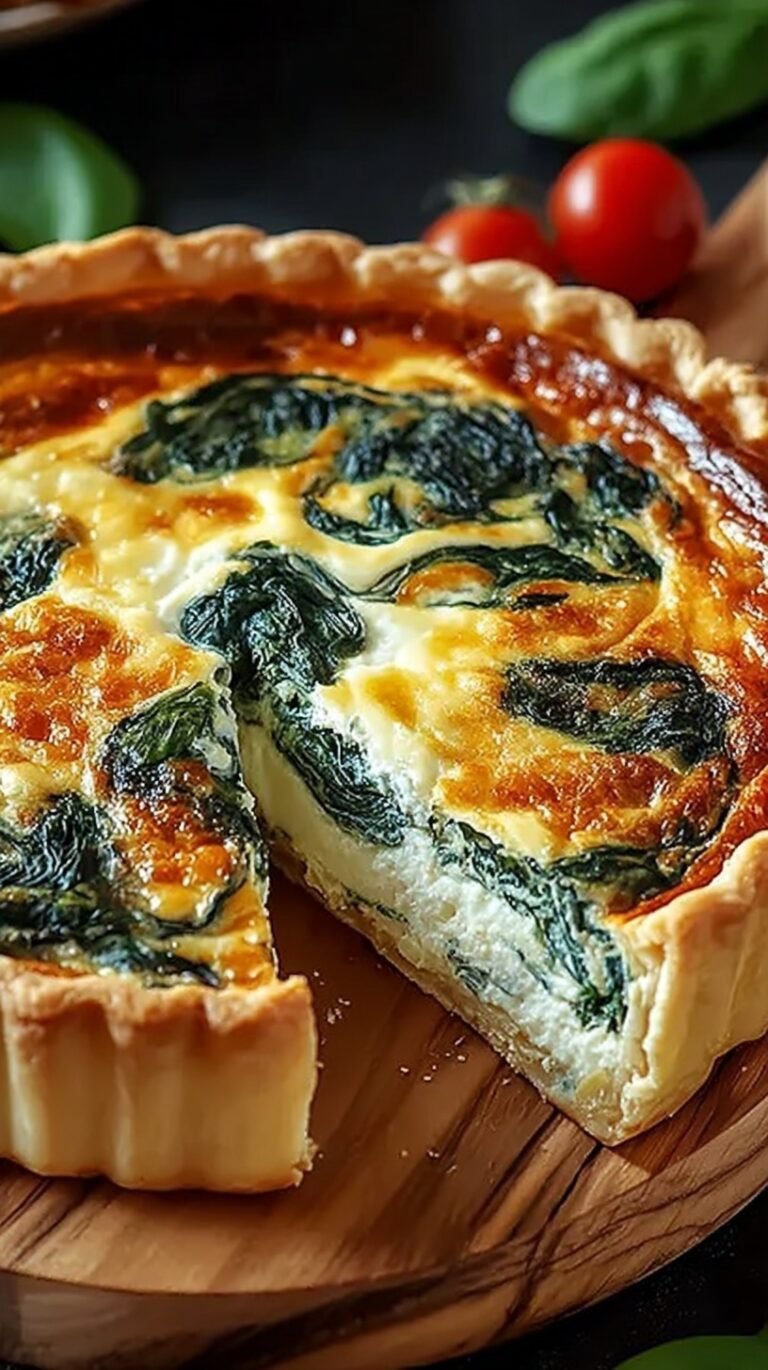 A golden brown ricotta and spinach quiche in a flaky crust