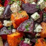 A colorful platter of roasted red beets and orange sweet potatoes topped with white feta cheese and green parsley.