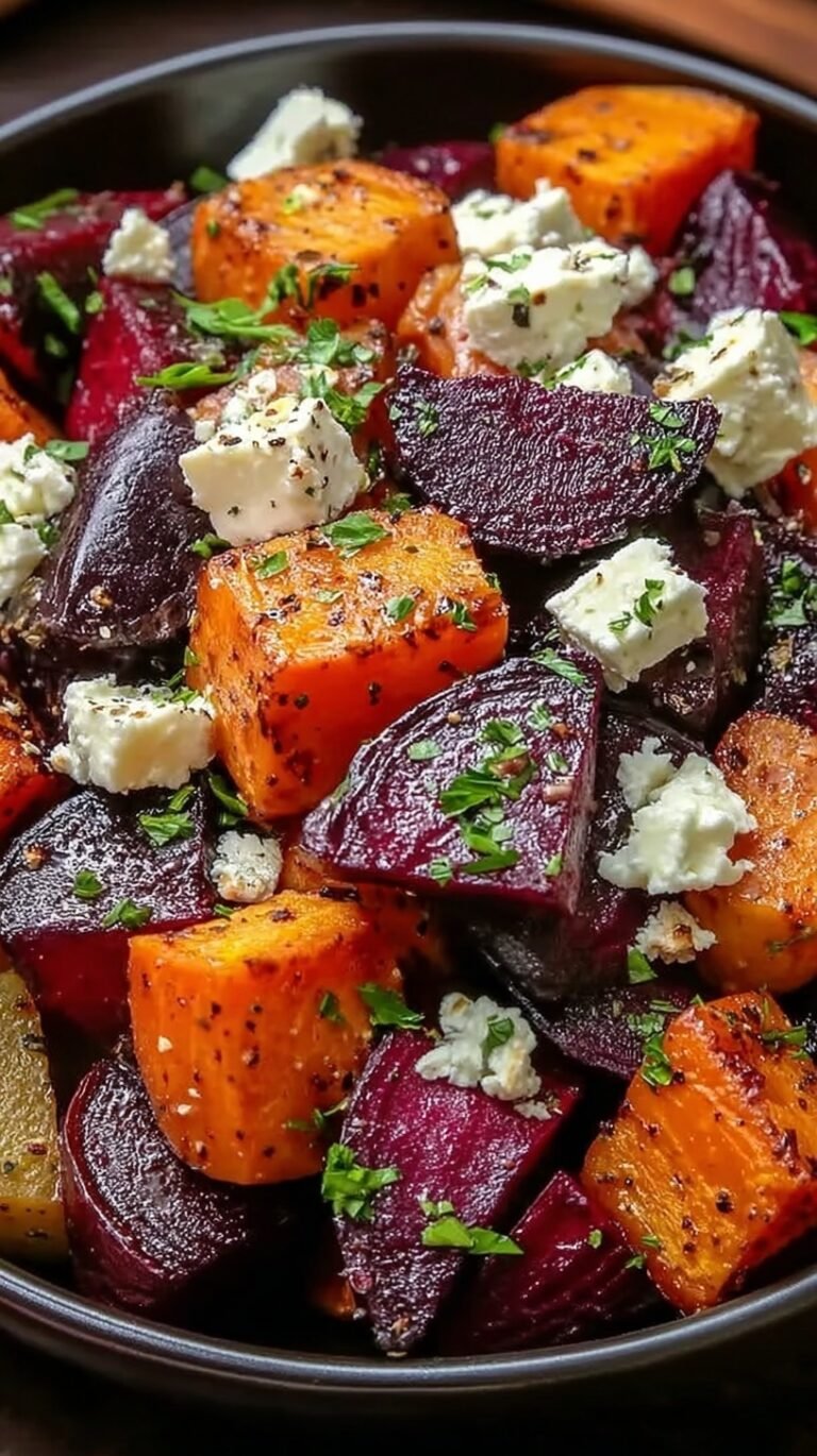 A colorful platter of roasted red beets and orange sweet potatoes topped with white feta cheese and green parsley.