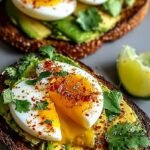 Golden sourdough toast topped with mashed avocado, a fried egg, and drizzled with red chili butter