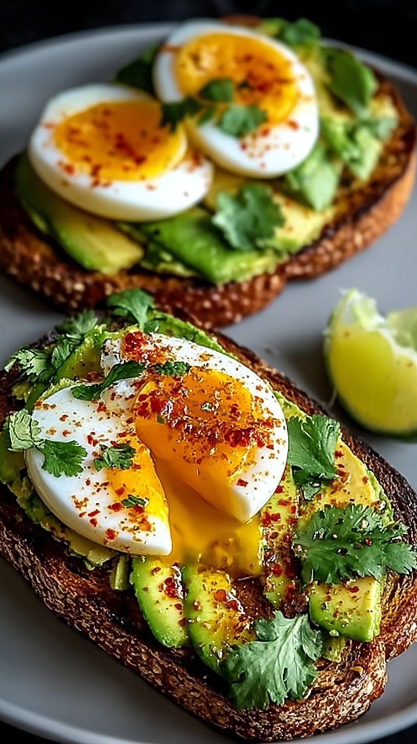 Golden sourdough toast topped with mashed avocado, a fried egg, and drizzled with red chili butter