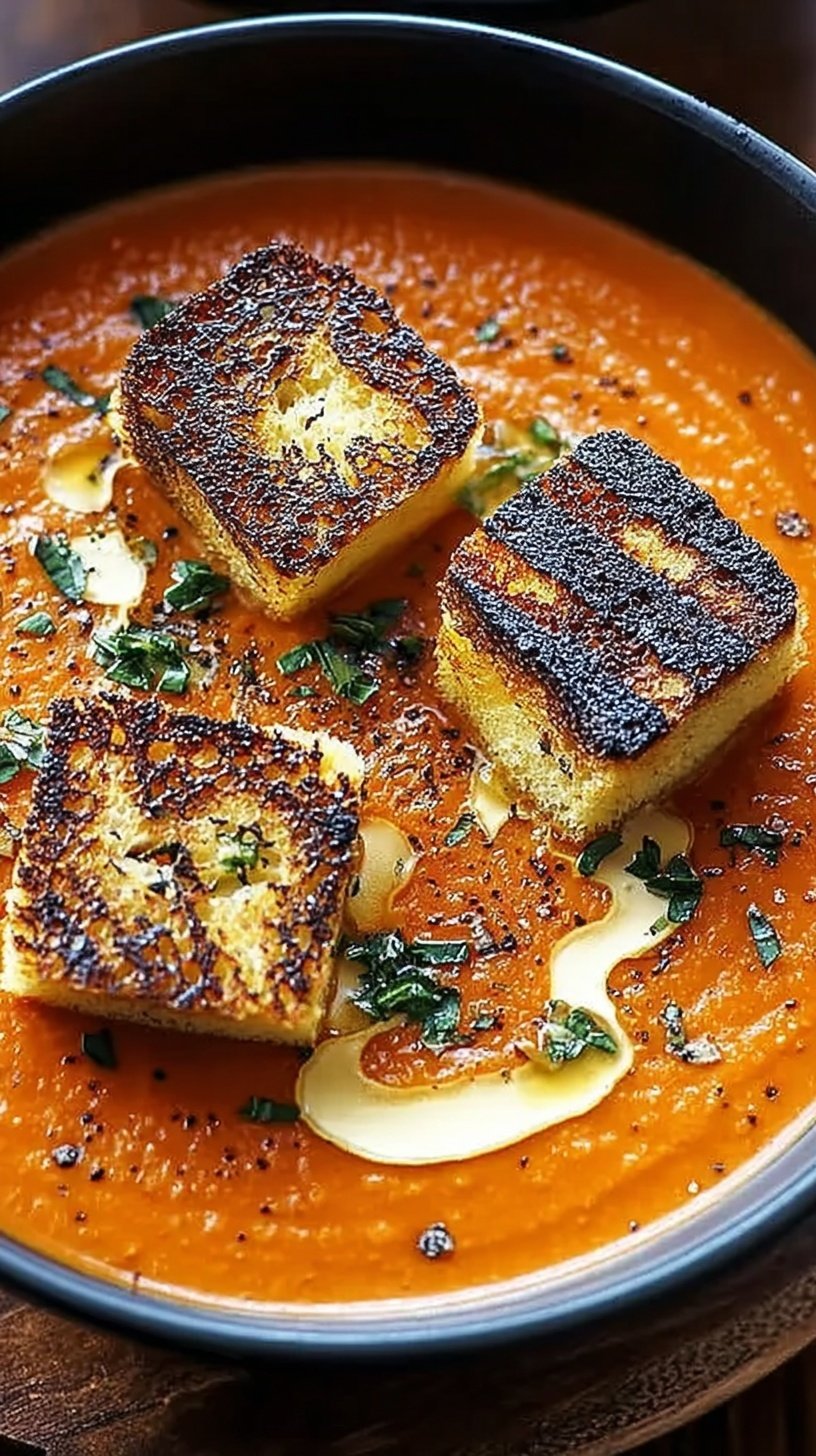 A bowl of rich red creamy tomato bisque topped with golden grilled cheese croutons and fresh basil