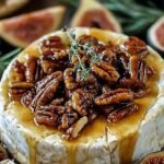 A molten wheel of baked brie topped with dark fig preserves, chopped pecans, and fresh thyme on a wooden serving board.