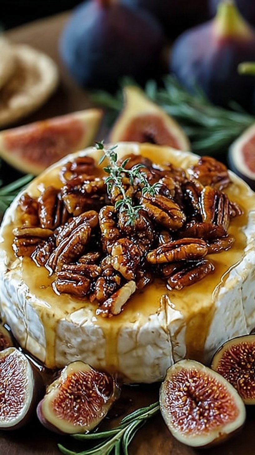 A molten wheel of baked brie topped with dark fig preserves, chopped pecans, and fresh thyme on a wooden serving board.