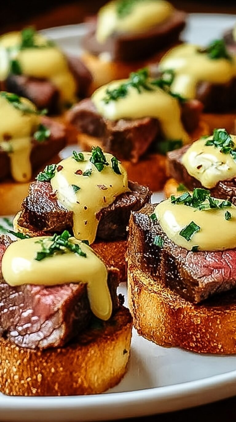 Grilled beef tenderloin medallions on toasted baguette slices topped with yellow Béarnaise sauce and fresh tarragon