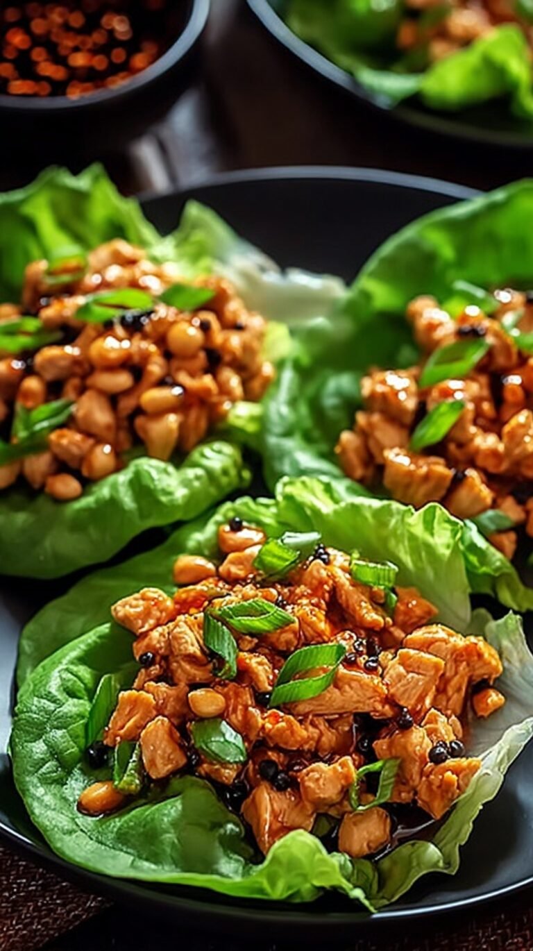 A platter of fresh butter lettuce leaves filled with savory ground chicken and drizzled with spicy Thai chili sauce.