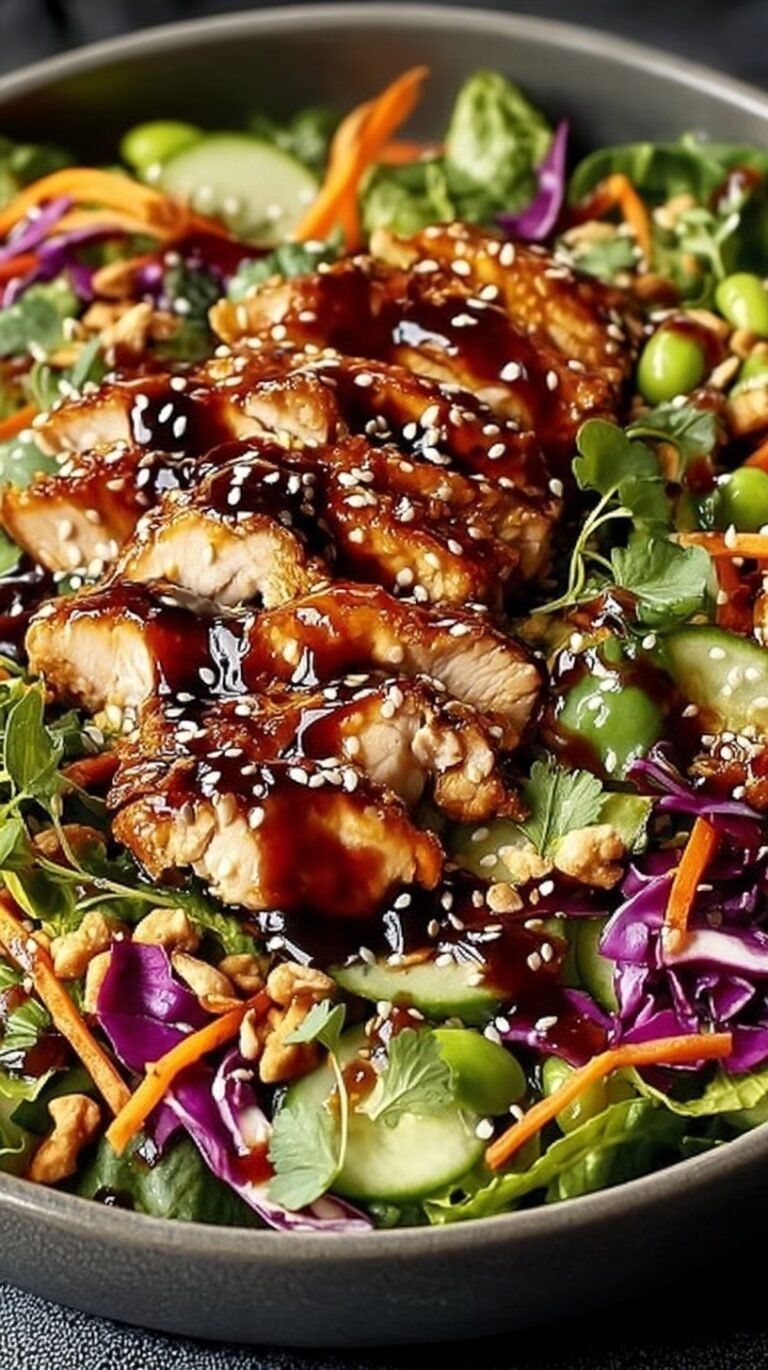 A vibrant Asian Sesame Chicken Salad with shredded cabbage, carrots, and crispy wontons in a large bowl.
