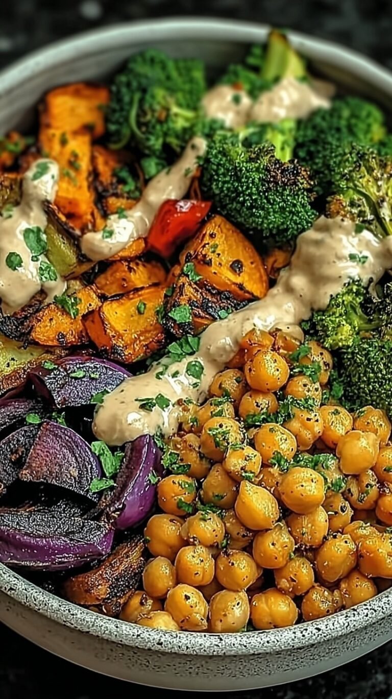 A colorful roasted veggie bowl with sweet potatoes, broccoli, and chickpeas over quinoa with tahini drizzle.