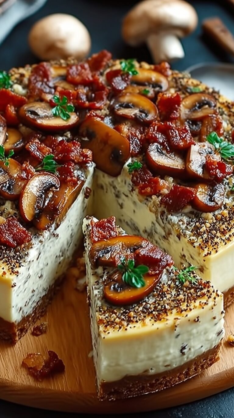 A savory cheesecake with golden mushrooms and crisp bacon on a feta crust